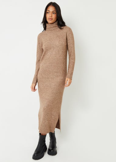 Threadbare Camel Cappucino Roll Neck Knitted Maxi Dress