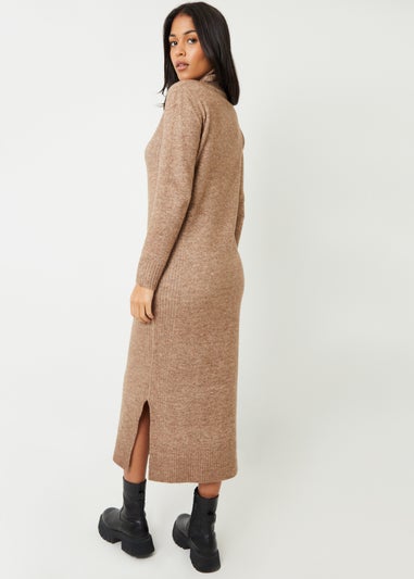 Threadbare Camel Cappucino Roll Neck Knitted Maxi Dress
