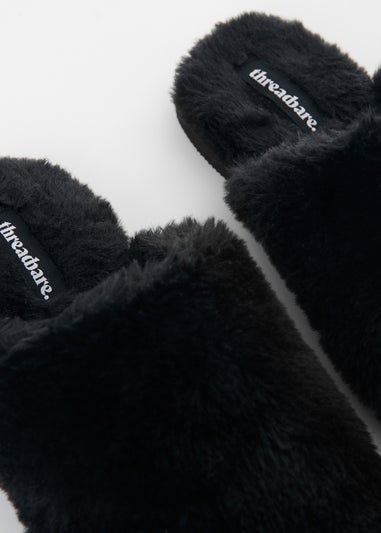 Threadbare Black Faux Fur Mule Slippers