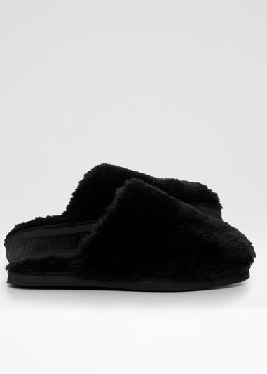 Threadbare Black Faux Fur Mule Slippers