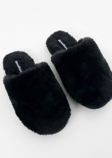 Threadbare Black Faux Fur Mule Slippers