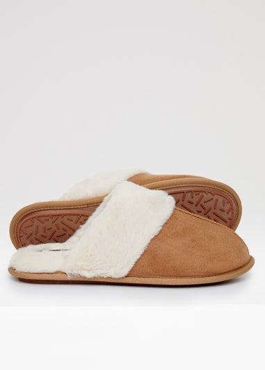 Threadbare Brown Denver Faux Suede Faux Fur Lined Mule Slippers