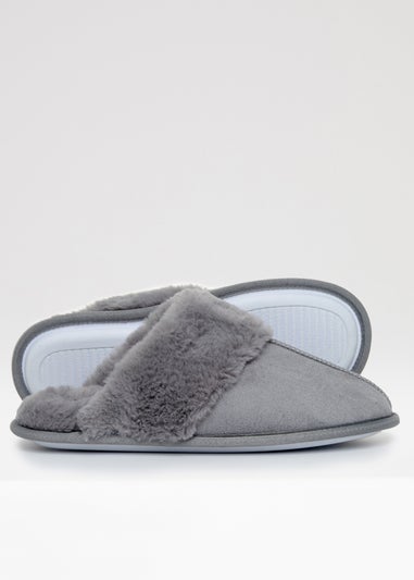 Threadbare Grey Denver Faux Suede Faux Fur Lined Mule Slippers