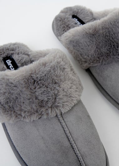 Threadbare Grey Denver Faux Suede Faux Fur Lined Mule Slippers