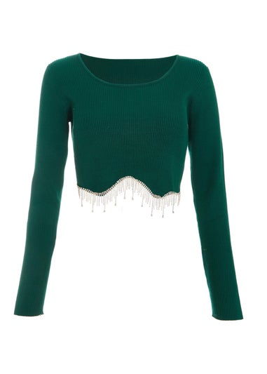 Quiz Green Knit Diamante Crop Top