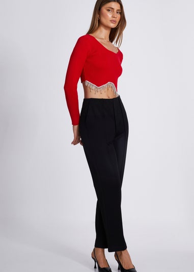 Quiz Red Knit Diamante Crop Top