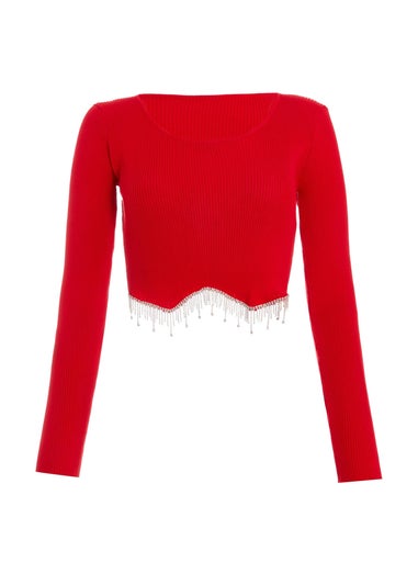 Quiz Red Knit Diamante Crop Top