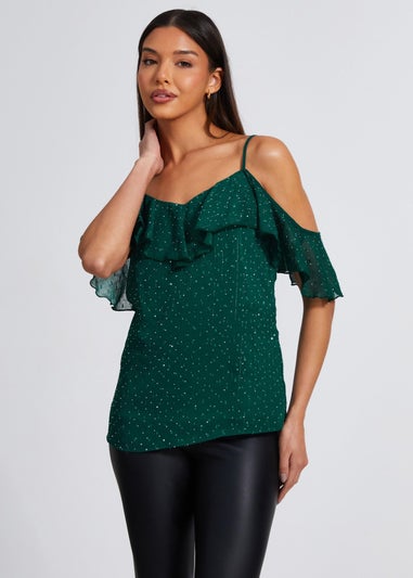 Quiz Green Chiffon Cold Shoulder Top