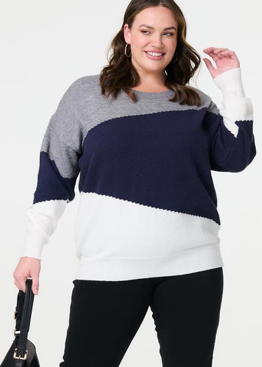 Izabel London Blue Colour Block Relaxed Knit Sweater