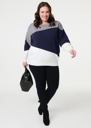 Izabel London Blue Colour Block Relaxed Knit Sweater