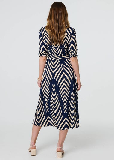 Izabel London Blue Chevron Print Tie Waist Shirt Midi Dress