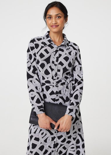 Izabel London Black/White Printed Long Sleeve Shirt Maxi Dress