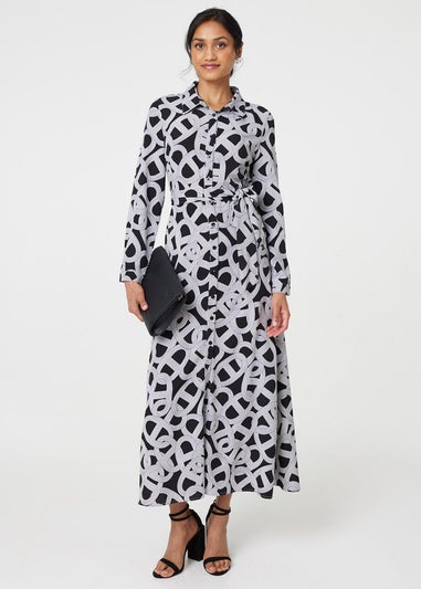 Izabel London Black/White Printed Long Sleeve Shirt Maxi Dress