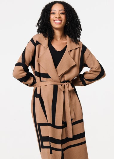 Izabel London Brown Striped Print Tie Waist Longline Coat