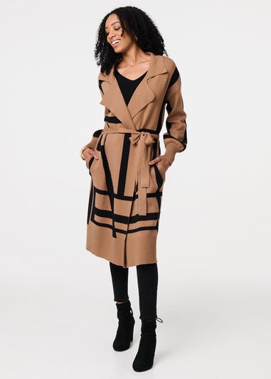 Izabel London Brown Striped Print Tie Waist Longline Coat