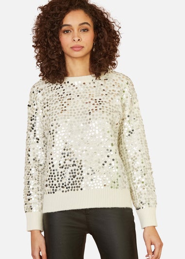 Mela Ivory All Over Sequin Relaxed Fit Jumper