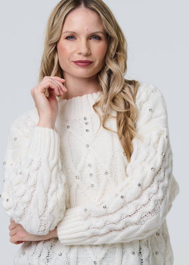 Izabel London White Sequin Embellished Cable Knit Jumper