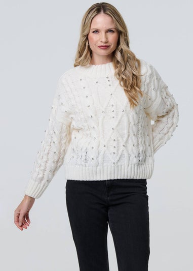 Izabel London White Sequin Embellished Cable Knit Jumper