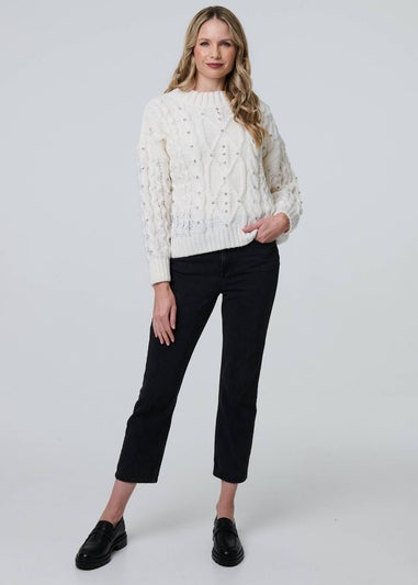 Izabel London White Sequin Embellished Cable Knit Jumper