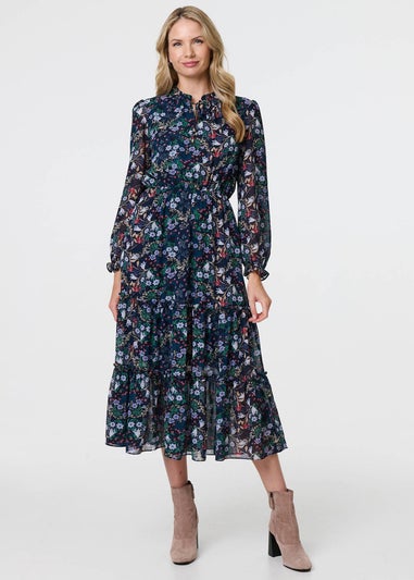 Izabel London Navy Floral Print Semi Sheer Midi Dress