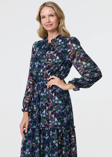 Izabel London Navy Floral Print Semi Sheer Midi Dress