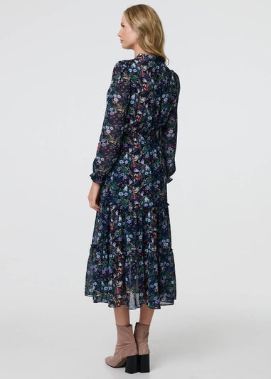 Izabel London Navy Floral Print Semi Sheer Midi Dress