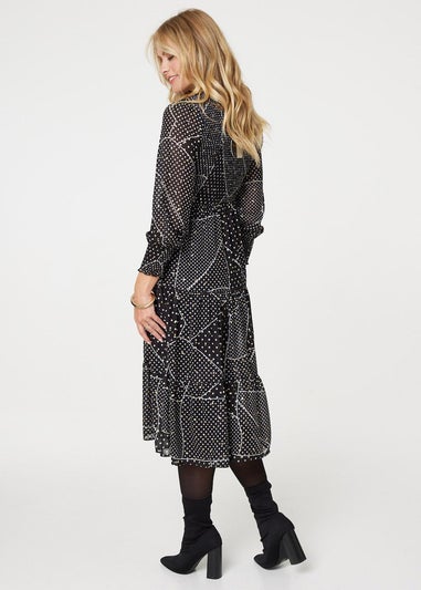 Izabel London Black Polka Dot Print Puff Sleeve Midi Dress