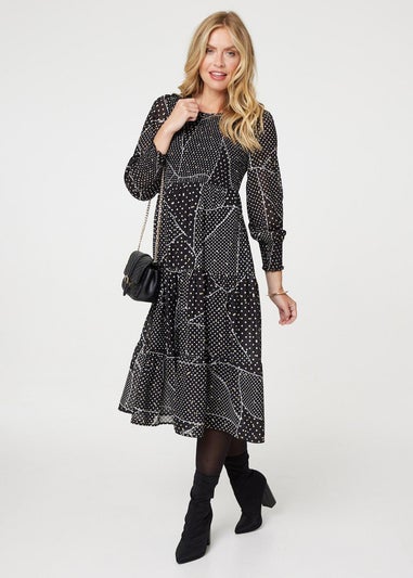 Izabel London Black Polka Dot Print Puff Sleeve Midi Dress