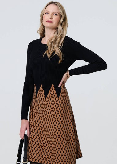 Izabel London Black Printed Long Sleeve Jumper Midi Dress