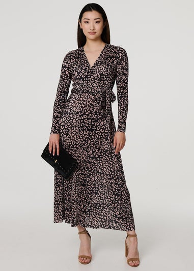 Izabel London Black Animal Print Pleated Wrap Midi Dress