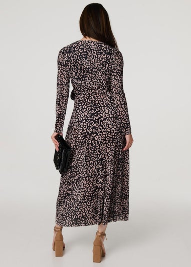 Izabel London Black Animal Print Pleated Wrap Midi Dress