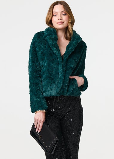 Izabel London Green Faux Fur Cropped Long Sleeve Jacket