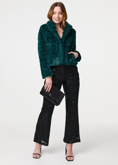 Izabel London Green Faux Fur Cropped Long Sleeve Jacket