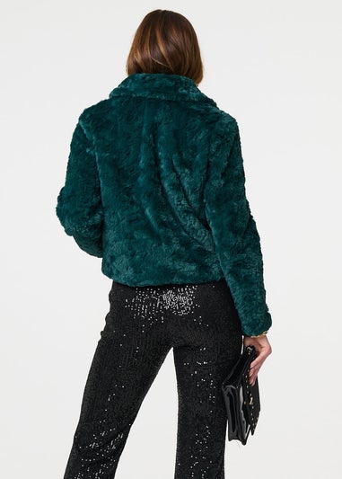 Izabel London Green Faux Fur Cropped Long Sleeve Jacket