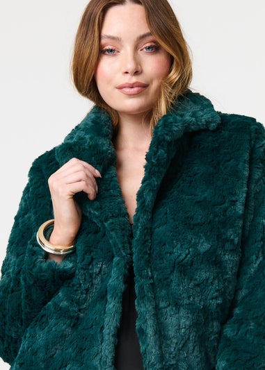 Izabel London Green Faux Fur Cropped Long Sleeve Jacket