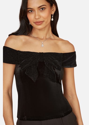 Mela Black Sparkle Velvet Bow Bardot Top