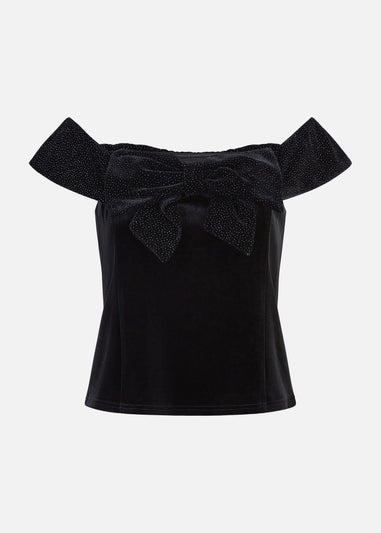 Mela Black Sparkle Velvet Bow Bardot Top