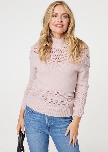 Izabel London Pink Cut Out Detail High Neck Knitted Jumper