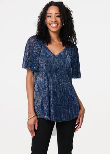 Izabel London Blue Semi Sheer Glittery Short Sleeve Top