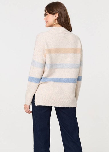 Izabel London White Striped High Neck Boxy Jumper