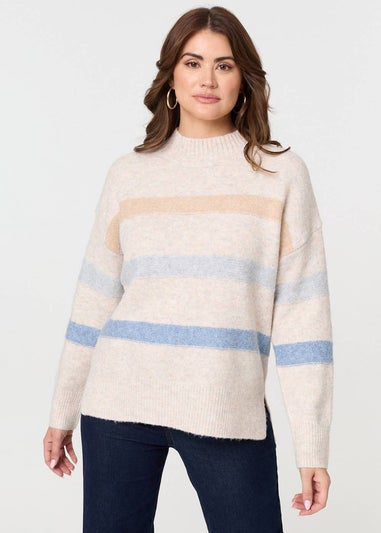 Izabel London White Striped High Neck Boxy Jumper