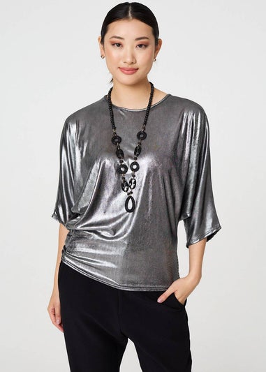 Izabel London Silver Metallic Batwing Sleeve Top