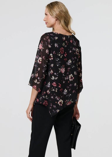 Izabel London Black Floral Semi Sheer Hanky Hem Blouse