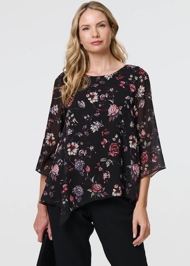 Izabel London Black Floral Semi Sheer Hanky Hem Blouse