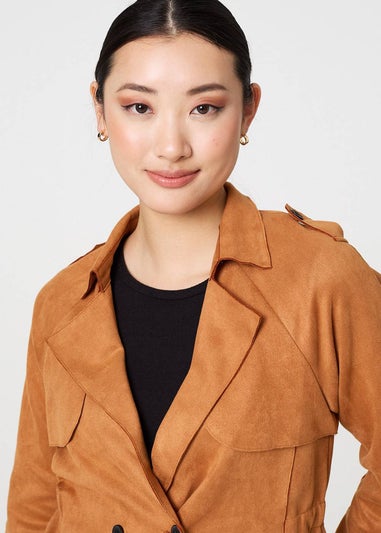 Izabel London Brown Suede Texture Sleeve Cropped Trench Coat