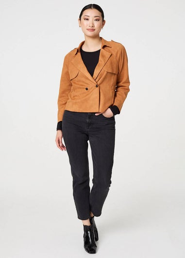 Izabel London Brown Suede Texture Sleeve Cropped Trench Coat