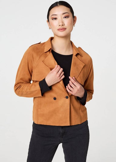 Izabel London Brown Suede Texture Sleeve Cropped Trench Coat