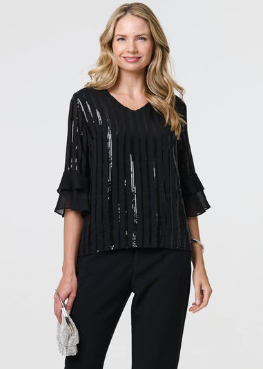 Izabel London Black Sequin Stripe Ruffled Sleeve Blouse