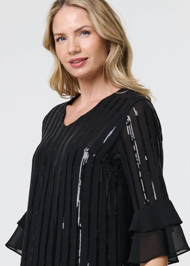 Izabel London Black Sequin Stripe Ruffled Sleeve Blouse