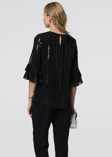 Izabel London Black Sequin Stripe Ruffled Sleeve Blouse